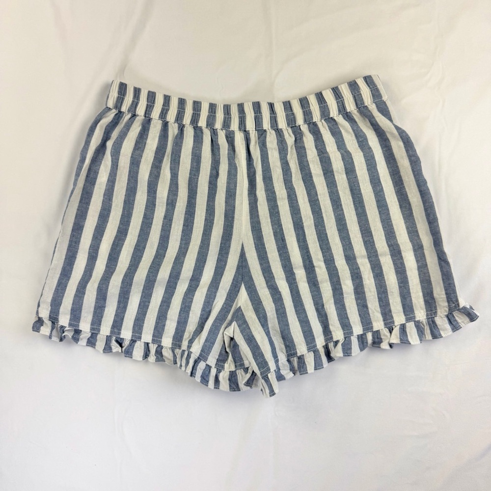 beachlunchlounge Striped Ruffle Hem Linen Shorts in Blue & White Size Large EUC - Picture 6 of 12